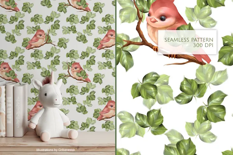 Cute Bird and Leaves Seamless Pattern