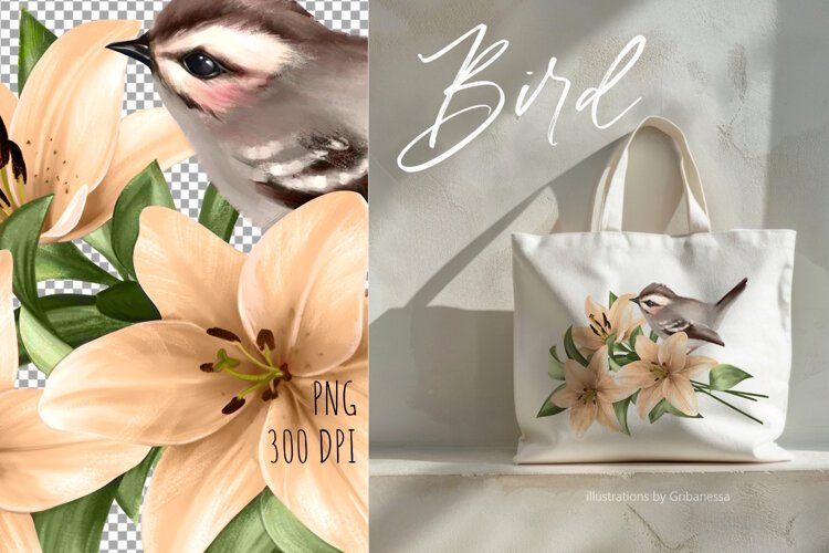 Cute Bird and Lily Flowers Illustration PNG example image 1