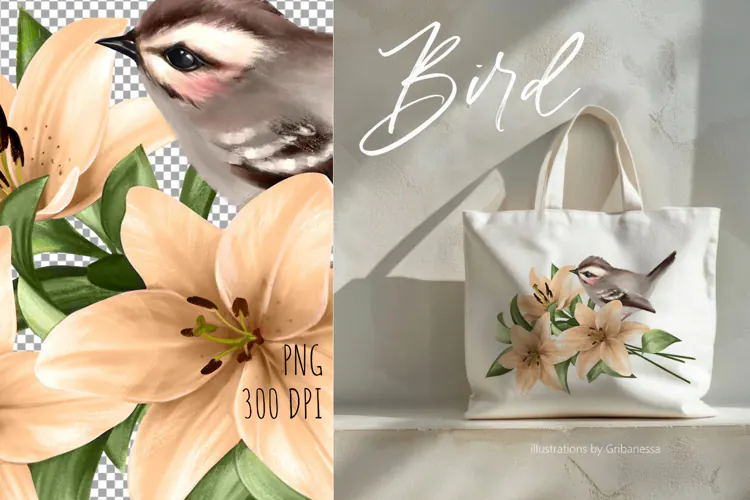 Cute Bird and Lily Flowers Illustration PNG