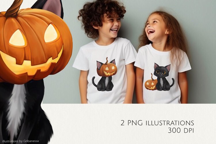 Cute Black Cat and Pumpkin Halloween PNG example image 1