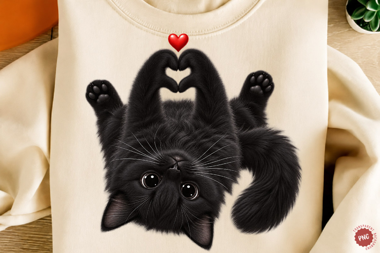 Cute Black Cat Heart Paws Love PNG