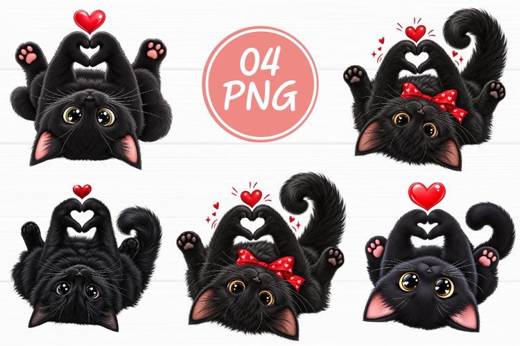 Cute Black Cat Heart Paws Love PNG
