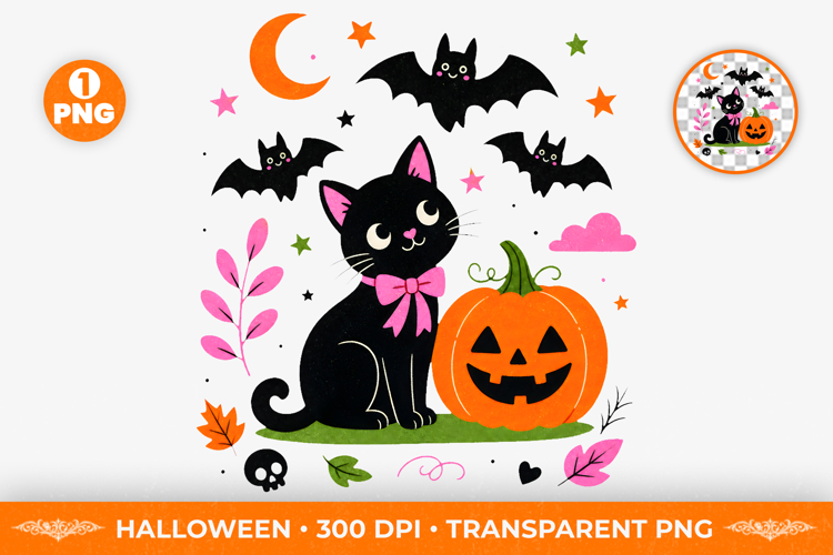 Cute Black Cat Pumpkin Halloween Sublimation Clipart PNG