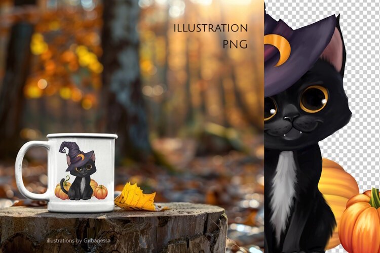 Cute Black Cat Witch Halloween Clipart example image 1
