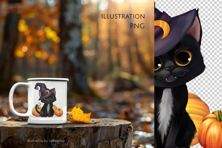 Cute Black Cat Witch Halloween Clipart