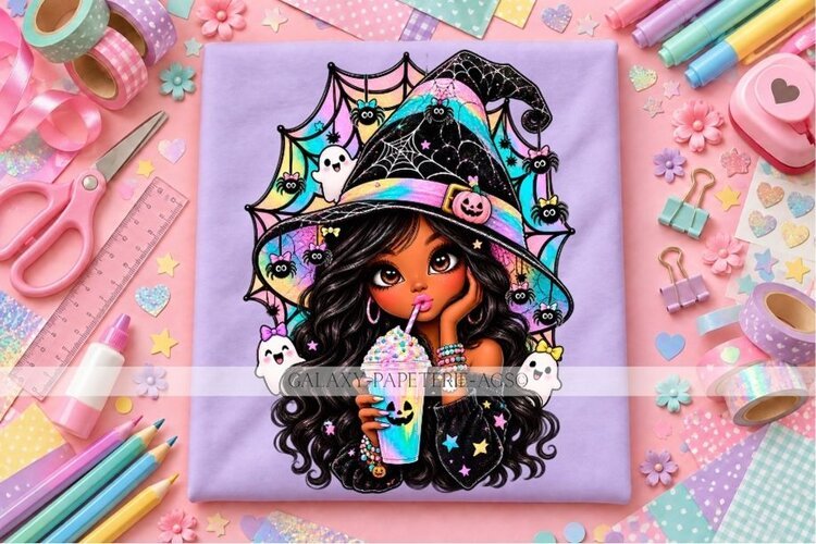 Cute Black Girl Witch PNG with Rainbow Drink and Ghosts