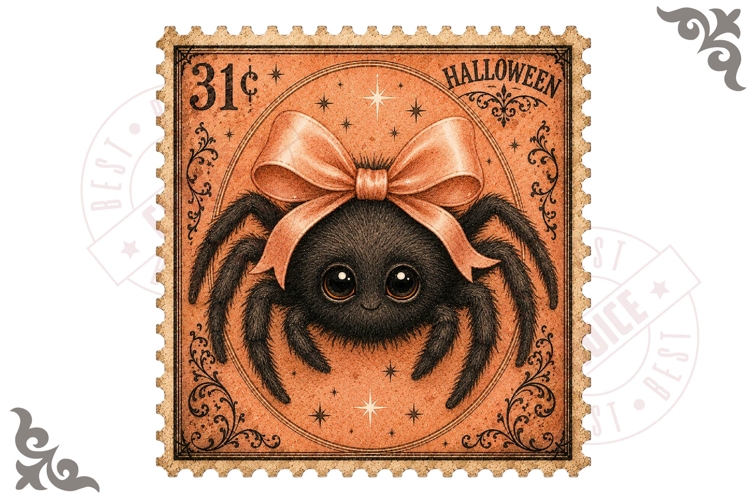 Cute Black Spider With Bow Halloween Stamp Clipart