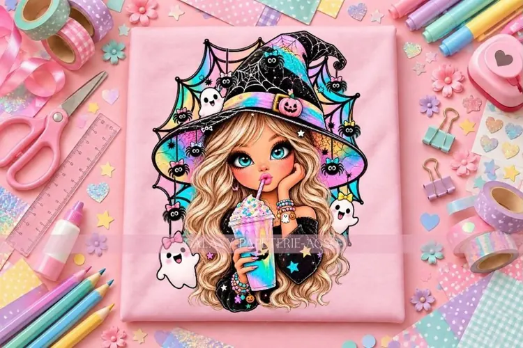 Cute Blonde Witch PNG with Rainbow Drink and Ghosts
