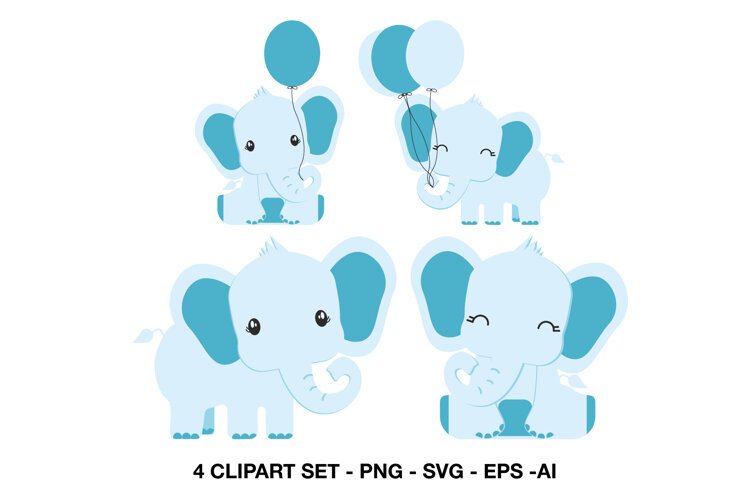 Four cute blue elephant clipart illustrations in standing and sitting poses with balloons