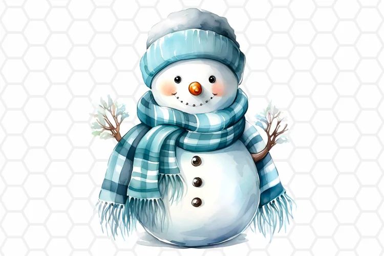 Cute Blue Watercolor Snowman Sublimation Clipart PNG