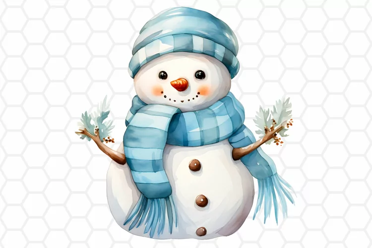 Cute Blue Watercolor Snowman Sublimation Clipart PNG