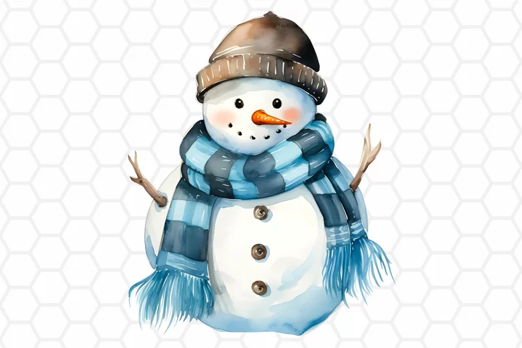Cute Blue Watercolor Snowman Sublimation Clipart PNG