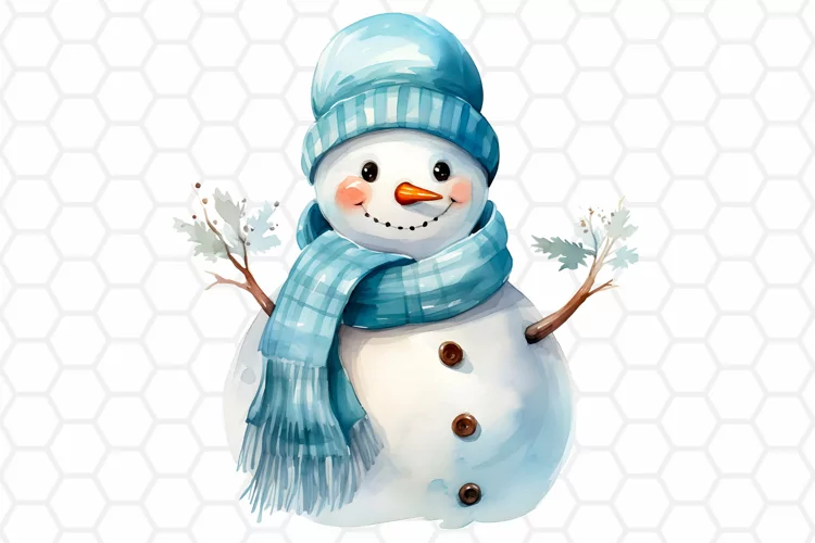 Cute Blue Watercolor Snowman Sublimation Clipart PNG