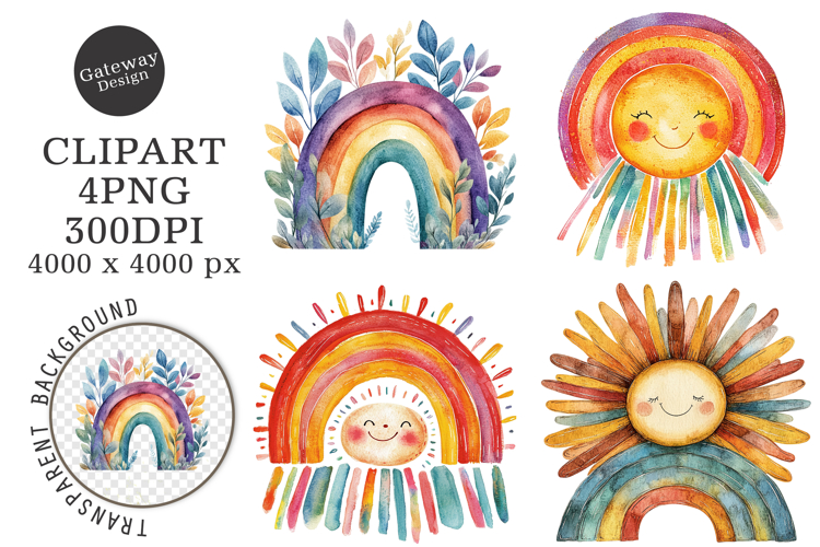 Cute Boho Retro Rainbow Clipart example image 1
