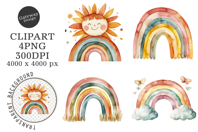 Cute Boho Retro Rainbow Clipart example image 1
