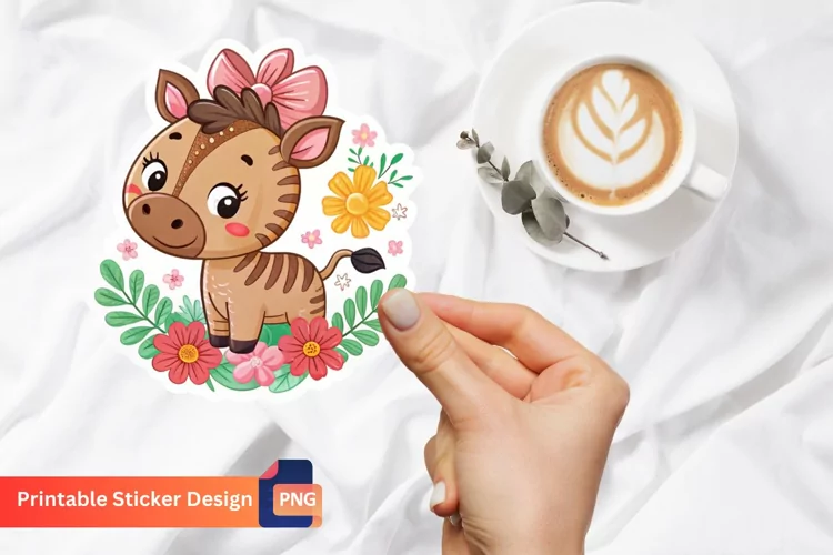 Adorable Zebra with Flowers Stickers, Brown Bow Animal Art
