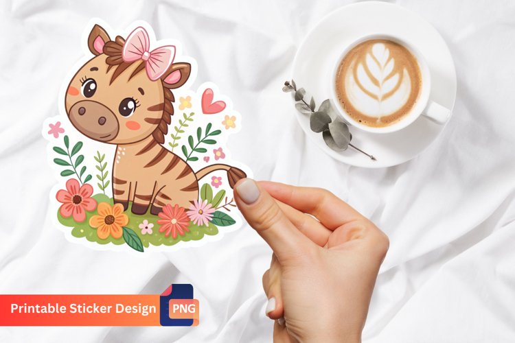 Adorable Zebra with Flowers Stickers, Brown Bow Animal Art example image 1