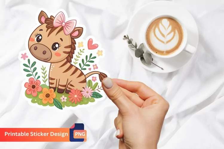Adorable Zebra with Flowers Stickers, Brown Bow Animal Art