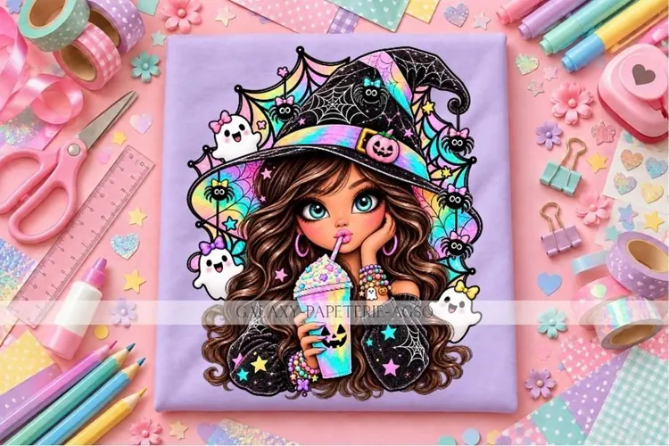 Cute Brunette Witch PNG with Rainbow Drink and Ghosts