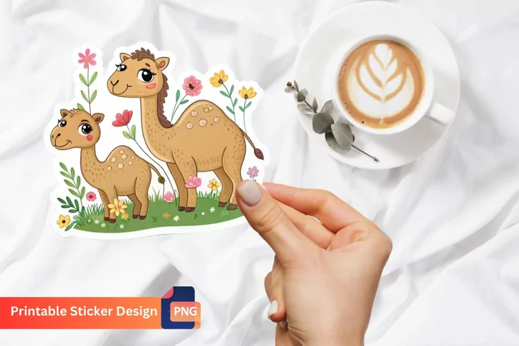 Cute Camels In Flowers Sticker, Desert Animal, Camel Sticker