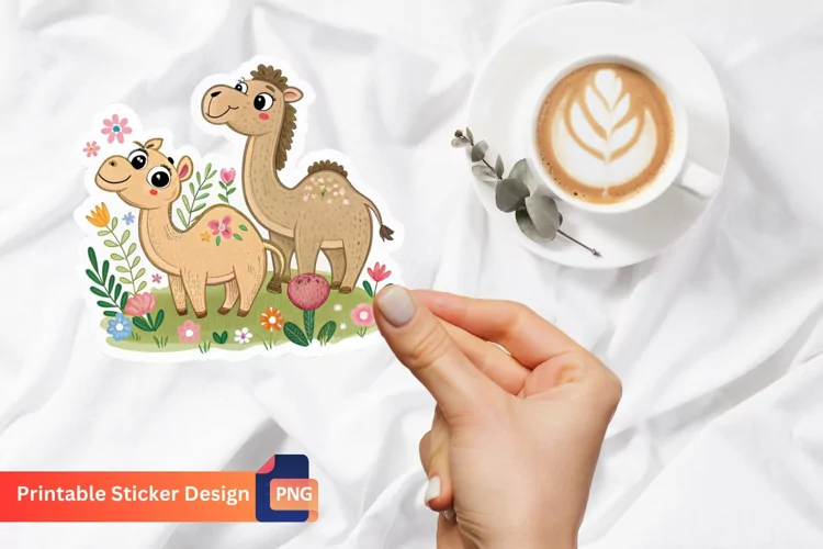 Cute Camels In Flowers Sticker, Desert Animal, Camel Sticker