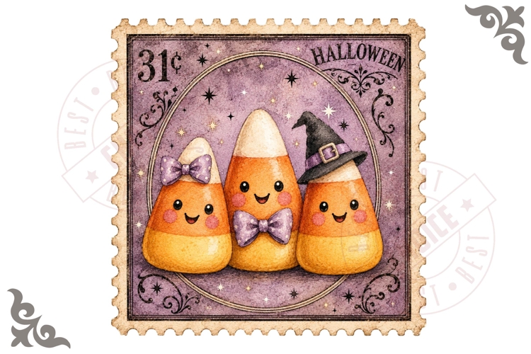 Cute Candy Corn Trio Halloween Postage Stamp PNG