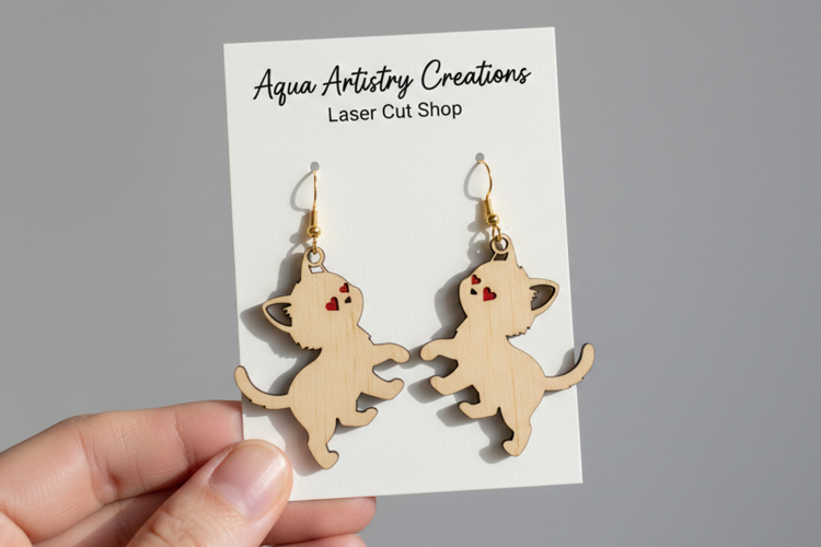 Cute Cat Earrings with Engraved Heart - Laser Cut SVG