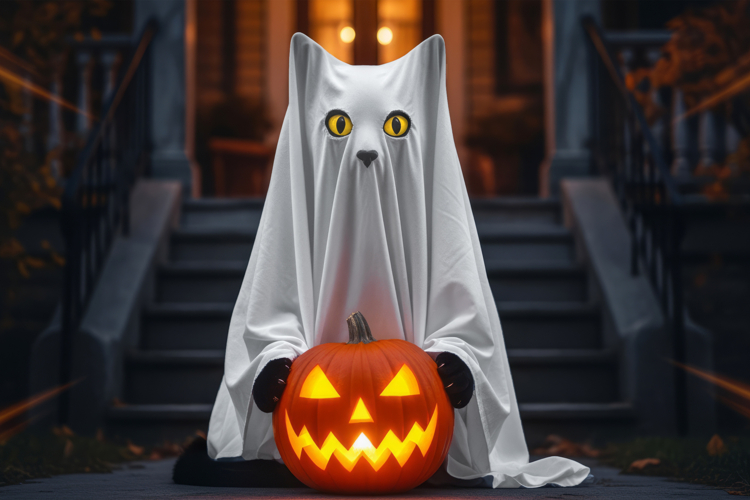 Cute cat ghost sitting on steps with glowing pumpkin lantern