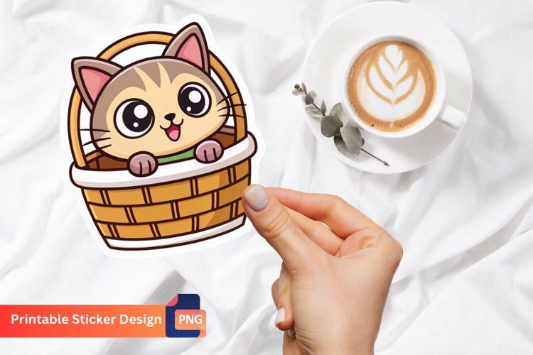 Cute Cat in Basket Sticker, Adorable Cat Sticker