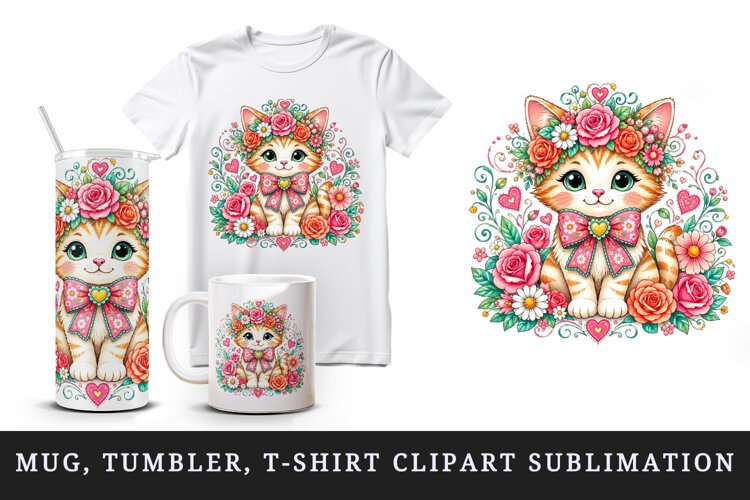 Cute cat tumbler, mug wrap, clipart sublimation design example image 1