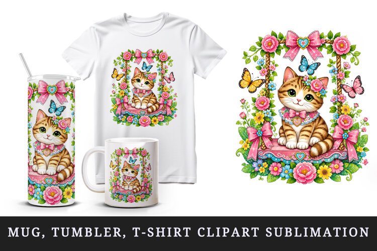 Cute cat tumbler, mug wrap, clipart sublimation design example image 1
