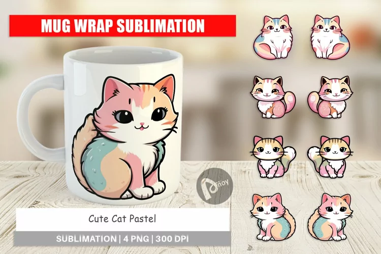 Mug Wrap Design Cute Cat Pastel