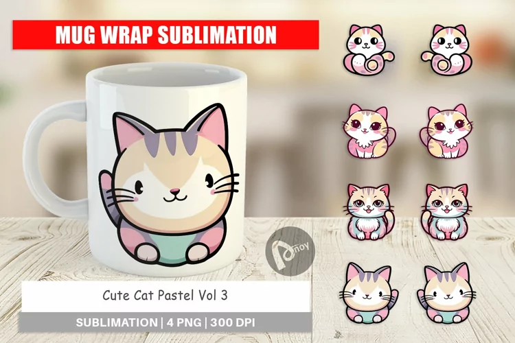 Mug Wrap Design Cute Cat Pastel