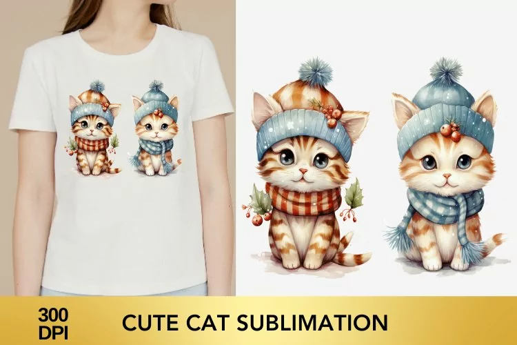 Cute Cat Watercolor Sublimation PNG