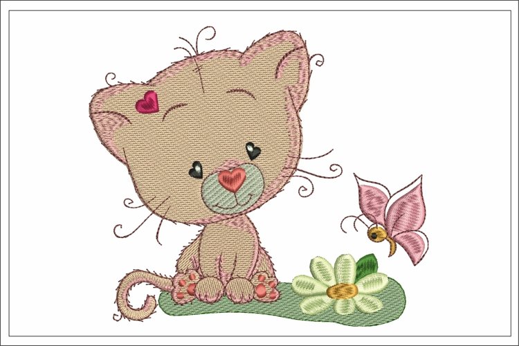 Cute Cat With Daisy Embroidery Design example image 1