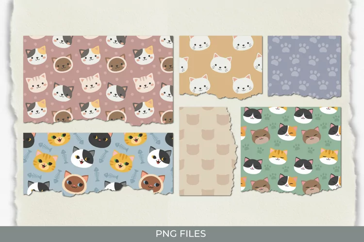 Cute Cat with Vintage Color Seamless Pattern Torn Paper