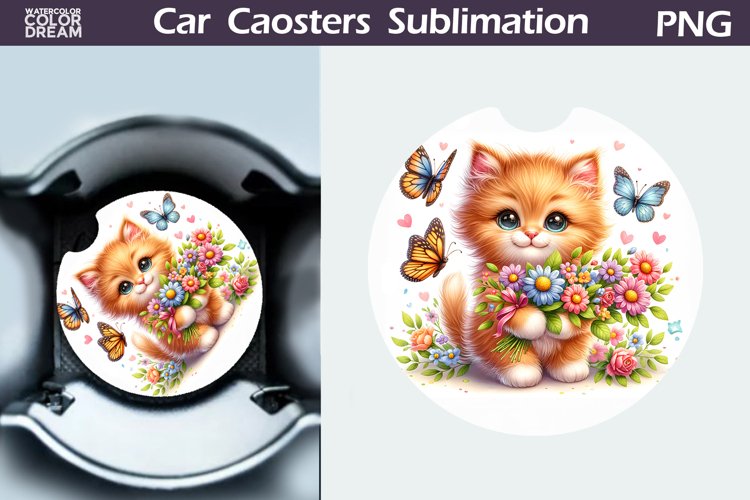 Cat Flowers Car Coaster | Cute Kitty Coaster Sublimation