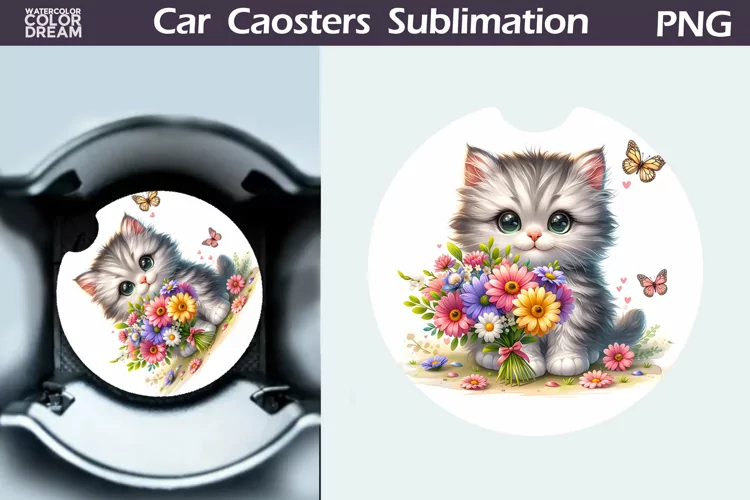 Cat Flowers Car Coaster | Cute Kitty Coaster | Car Coaster