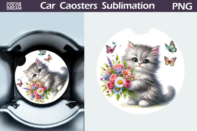 Cat Flowers Car Coaster | Cute Kitty Coaster | Car Coaster example image 1