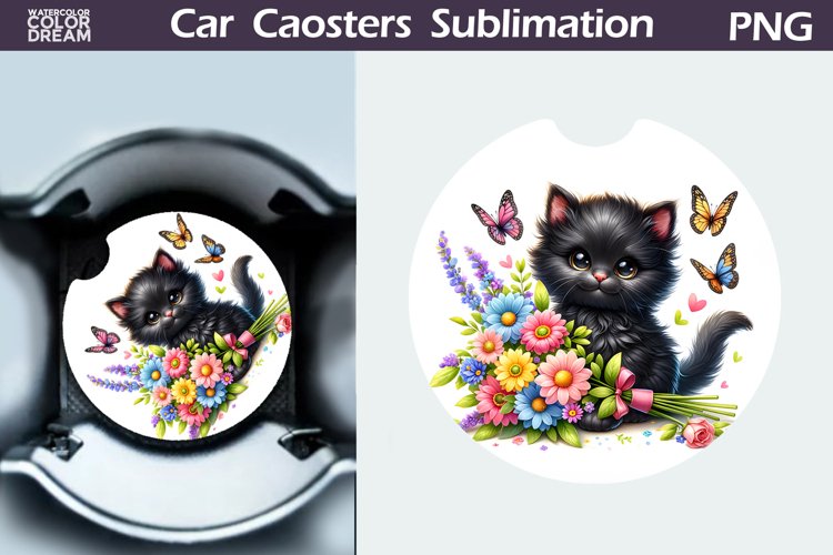 Cat Flowers Car Coaster | Cute Kitty Coaster | Car Coaster example image 1