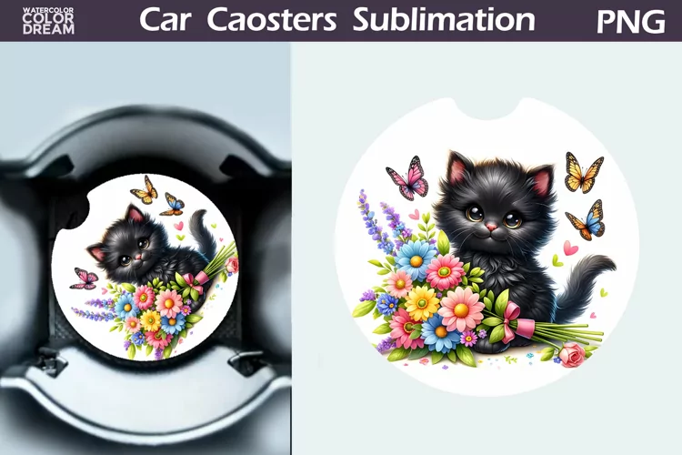 Cat Flowers Car Coaster | Cute Kitty Coaster | Car Coaster