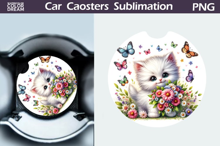 Cat Flowers Car Coaster | Cute Kitty Coaster | Car Coaster example image 1
