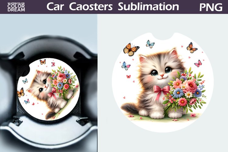 Cat Flowers Car Coaster | Cute Kitty Coaster | Car Coaster example image 1