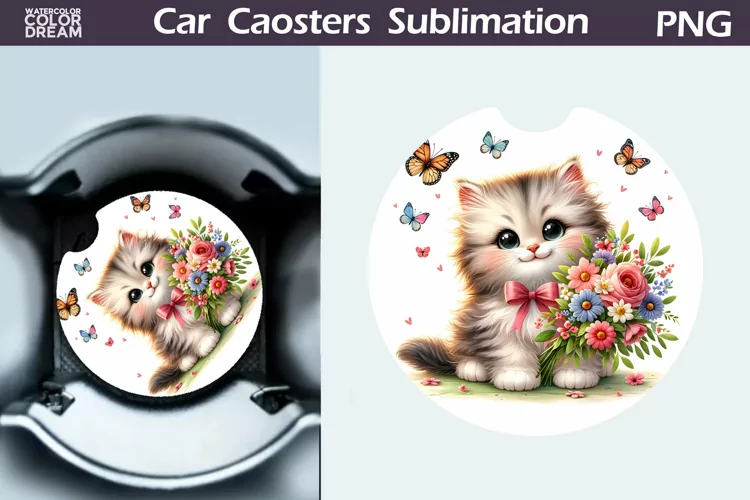 Cat Flowers Car Coaster | Cute Kitty Coaster | Car Coaster