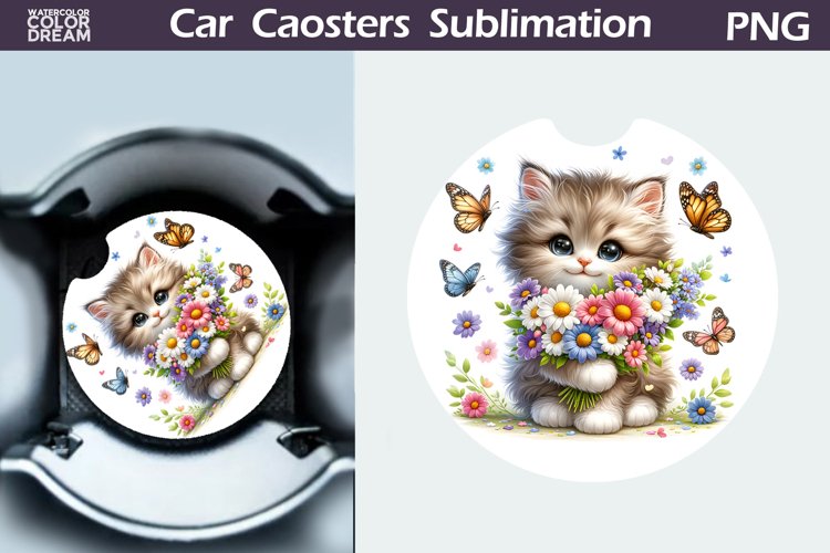 Cat Flowers Car Coaster | Cute Kitty Coaster | Car Coaster example image 1