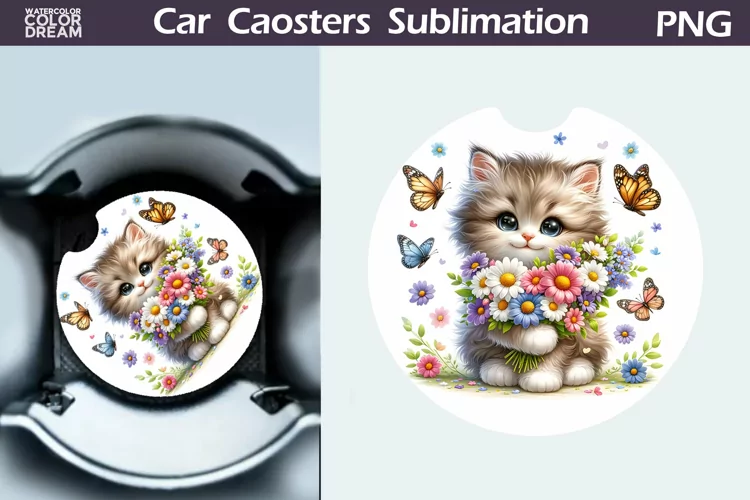 Cat Flowers Car Coaster | Cute Kitty Coaster | Car Coaster