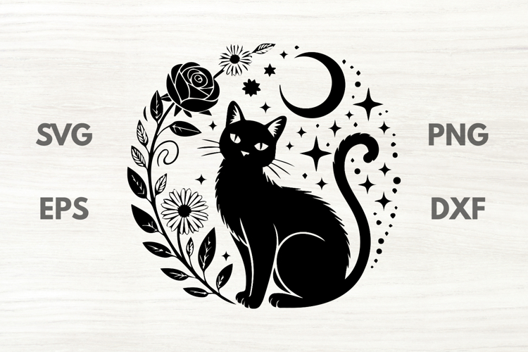 Cute Celestial Floral Black Cat SVG
