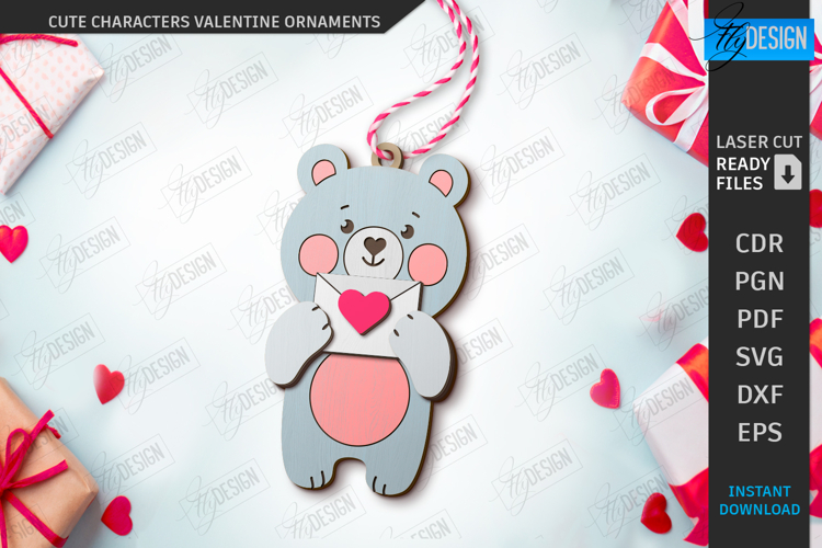 Valentine Ornament Laser Cut|Cute Animals SVG|Greeting Cards
