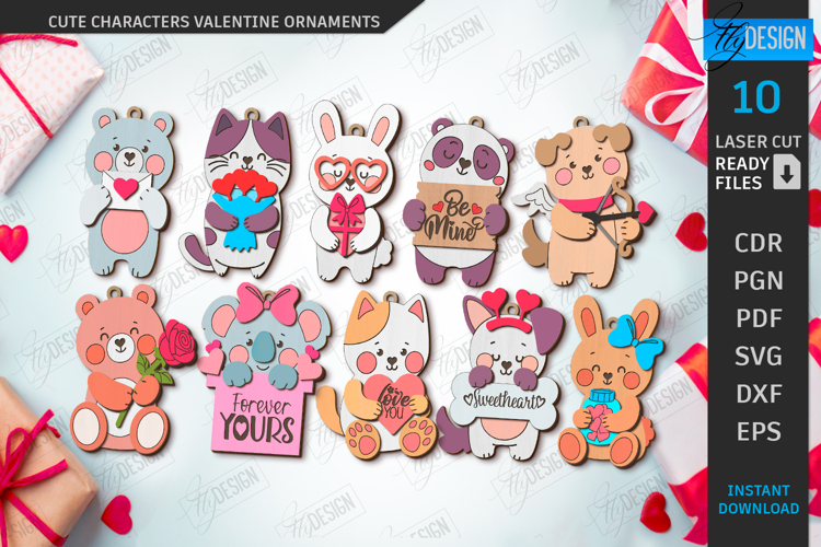 Valentine Ornaments with Cute Animals Laser Cut Bundle | CNC