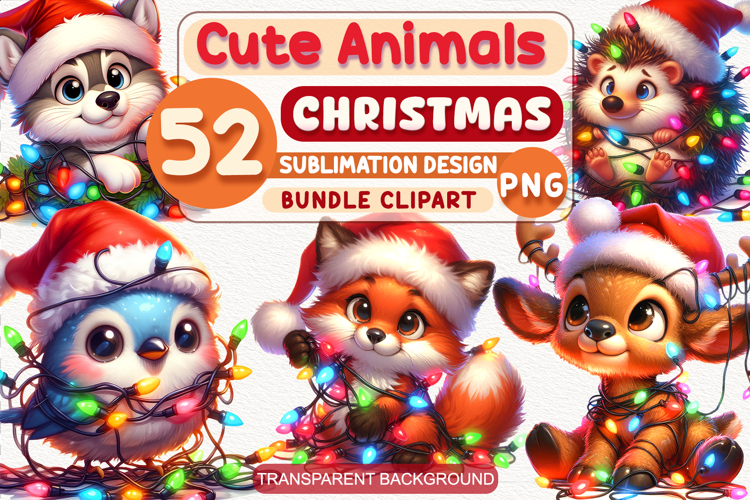 Cute Christmas Animals with Garlands Clipart | Cartoon PNG